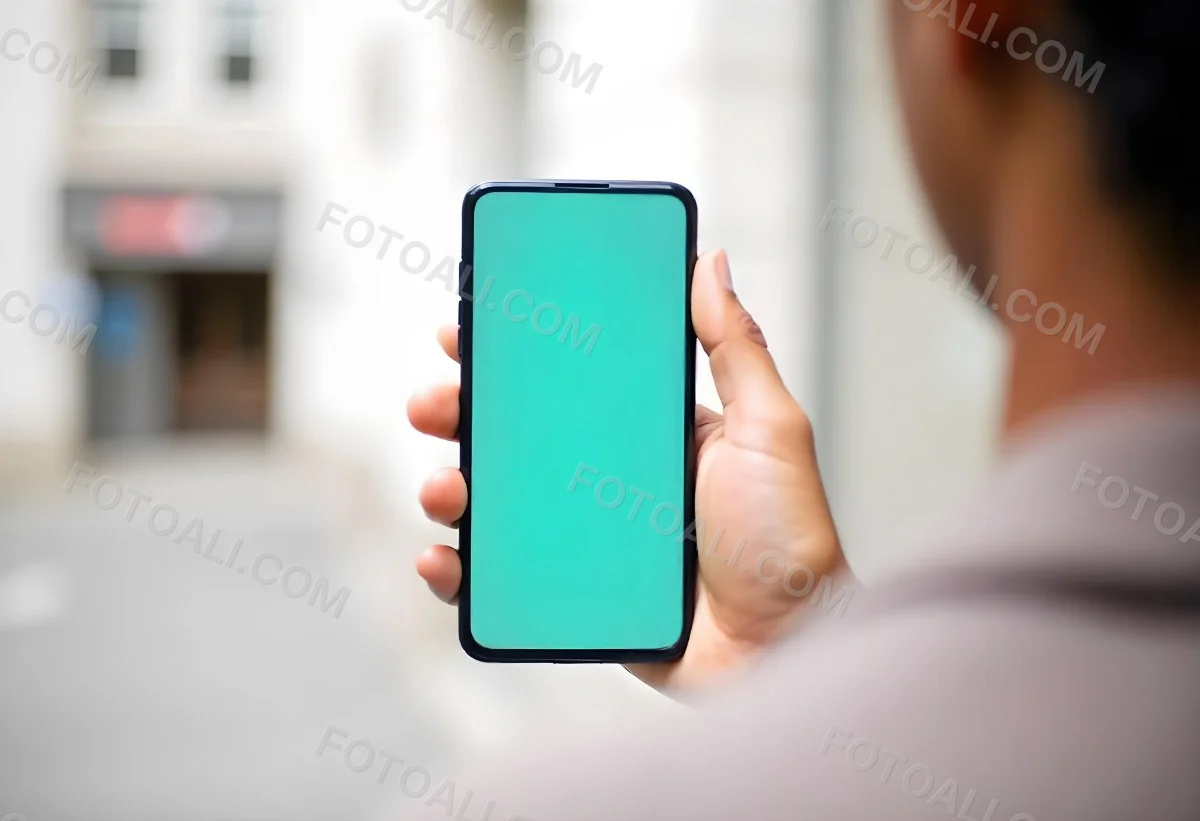 Black Man Holding A Smartphone With A Blank Turquoise Screen The Background Is A Blurred City Street 7 4c60
