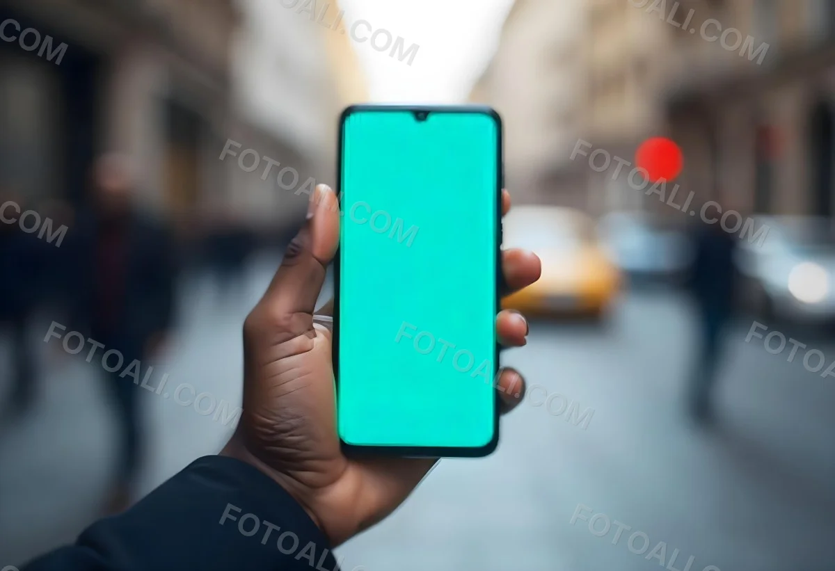 Black Man Holding A Smartphone With A Blank Turquoise Screen The Background Is A Blurred City Street 8 5a17
