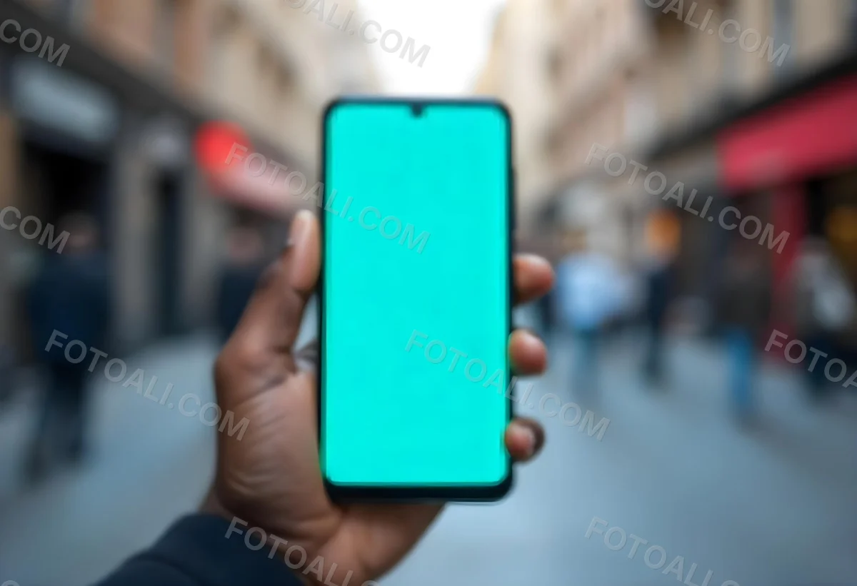 Black Man Holding A Smartphone With A Blank Turquoise Screen The Background Is A Blurred City Street 9 4ea6