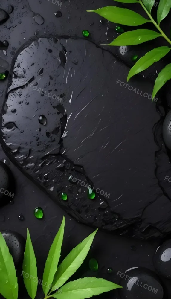 Black Stone With Water Drops And Green Leaves Dark Background 10 799f