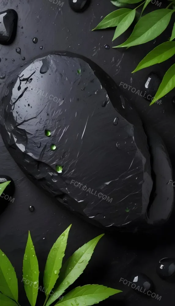 Black Stone With Water Drops And Green Leaves Dark Background 13 08d4