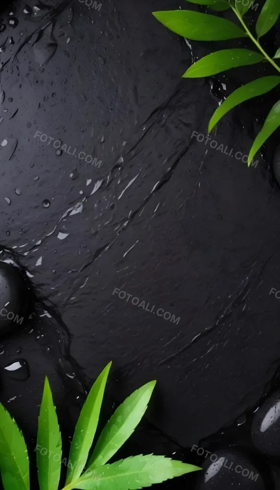 Black Stone With Water Drops And Green Leaves Dark Background 14 0758