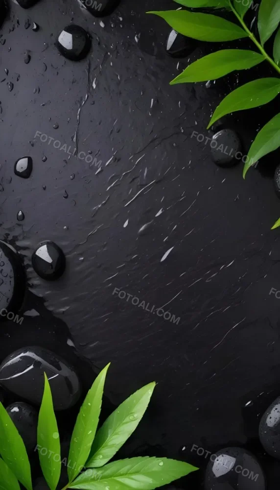Black Stone With Water Drops And Green Leaves Dark Background 35 C3b2