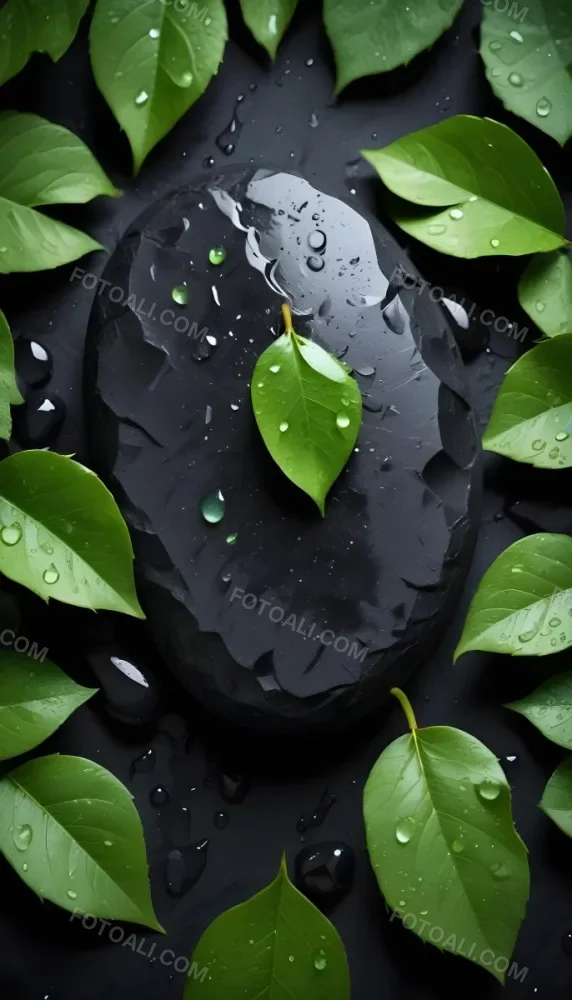 Black Stone With Water Drops And Green Leaves Dark Background 38 Bda7