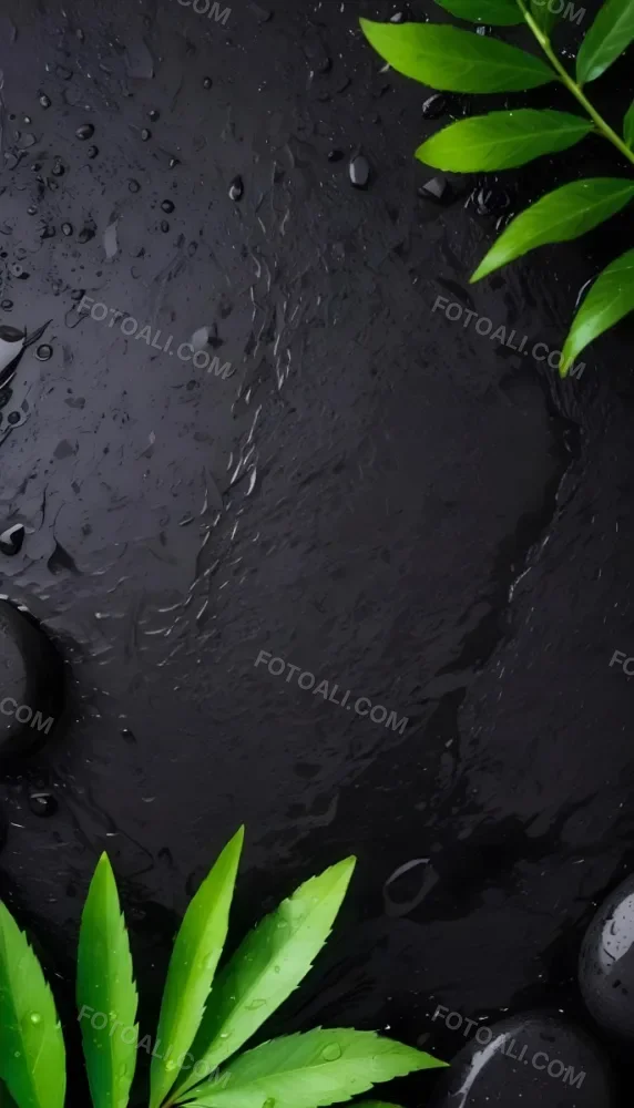 Black Stone With Water Drops And Green Leaves Dark Background 39 888f