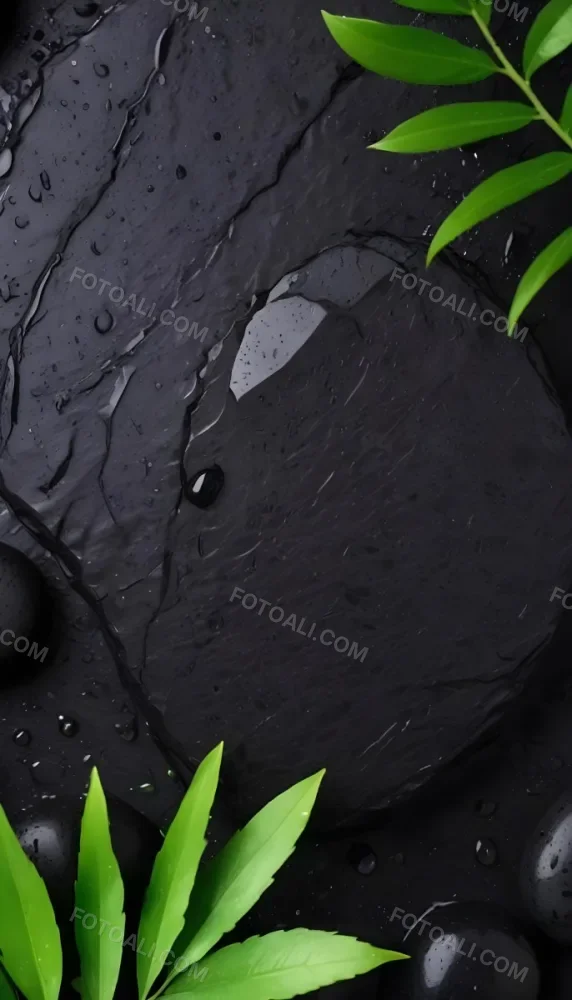 Black Stone With Water Drops And Green Leaves Dark Background 4 9365