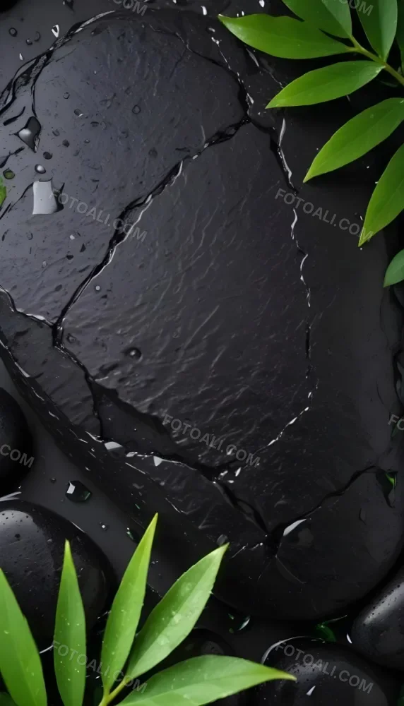Black Stone With Water Drops And Green Leaves Dark Background 43 7ad2