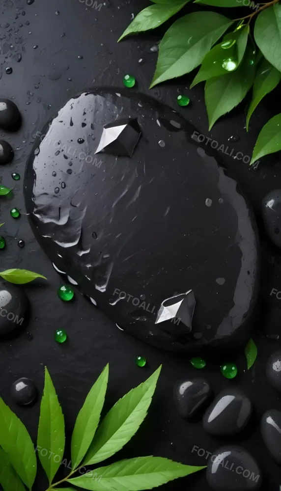 Black Stone With Water Drops And Green Leaves Dark Background 44 Beee