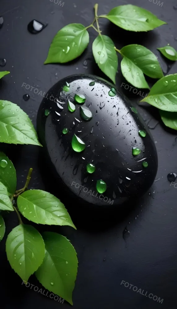 Black Stone With Water Drops And Green Leaves Dark Background 5 A38e