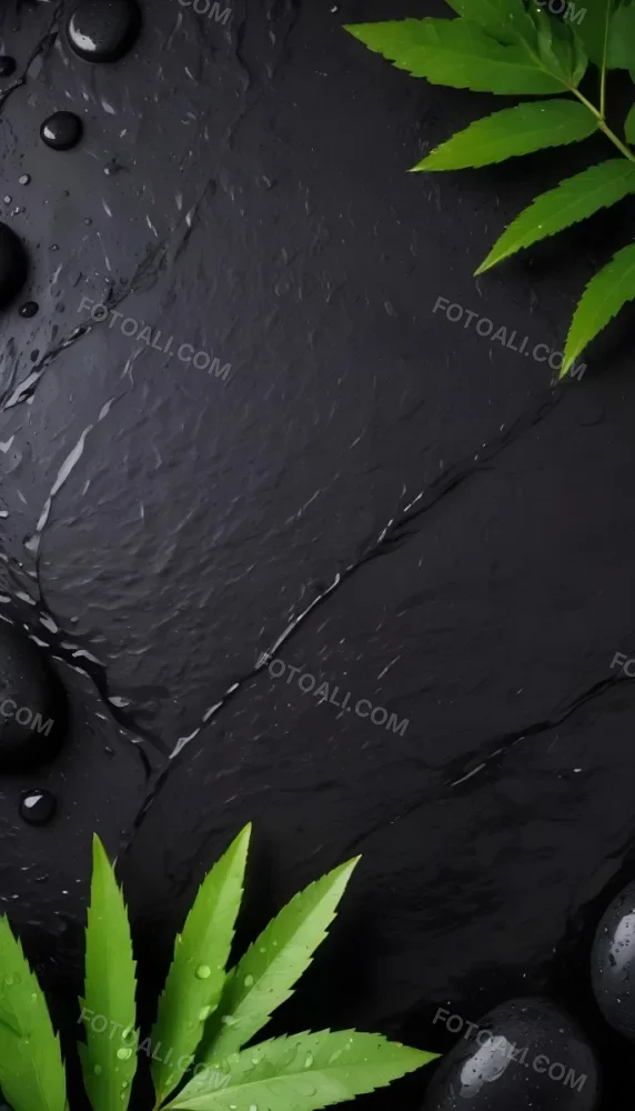 Black Stone With Water Drops And Green Leaves Dark Background 6 A87d