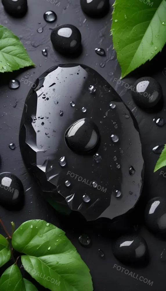 Black Stone With Water Drops And Green Leaves Dark Background 7 1fa2