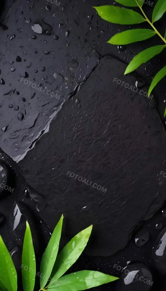 Black Stone With Water Drops And Green Leaves Dark Background 8 D42e