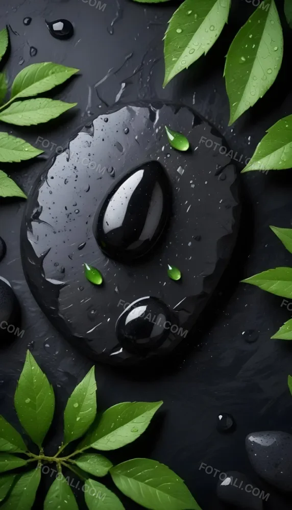 Black Stone With Water Drops And Green Leaves Dark Background 9 F02d