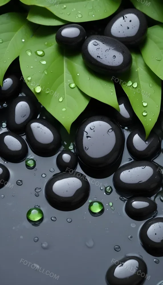 Black Stones With Water Droplets And Green Leaves Scattered On Top Creating A Natural And Fresh Appearance 12 Ea32
