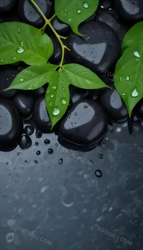 Black Stones With Water Droplets And Green Leaves Scattered On Top Creating A Natural And Fresh Appearance 16 Fd38