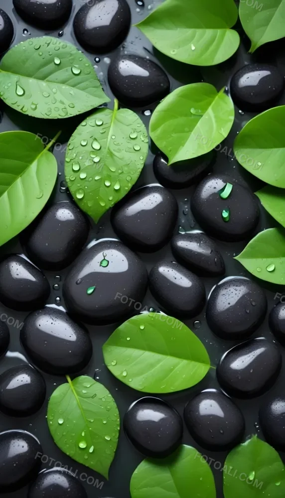 Black Stones With Water Droplets And Green Leaves Scattered On Top Creating A Natural And Fresh Appearance 17 F577