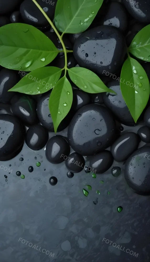 Black Stones With Water Droplets And Green Leaves Scattered On Top Creating A Natural And Fresh Appearance 18 C556