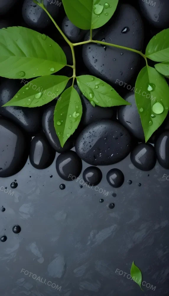 Black Stones With Water Droplets And Green Leaves Scattered On Top Creating A Natural And Fresh Appearance 19 Fb1e