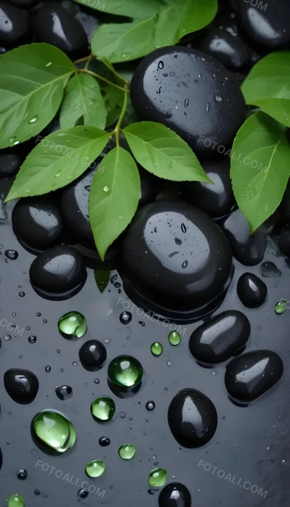 Black Stones With Water Droplets And Green Leaves Scattered On Top Creating A Natural And Fresh Appearance 23 Bdb1