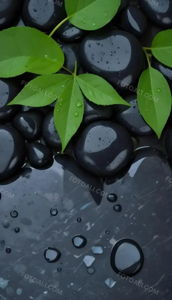 Black Stones With Water Droplets And Green Leaves Scattered On Top Creating A Natural And Fresh Appearance 26 1433