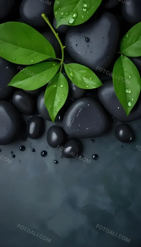 Black Stones With Water Droplets And Green Leaves Scattered On Top Creating A Natural And Fresh Appearance 3 9bac
