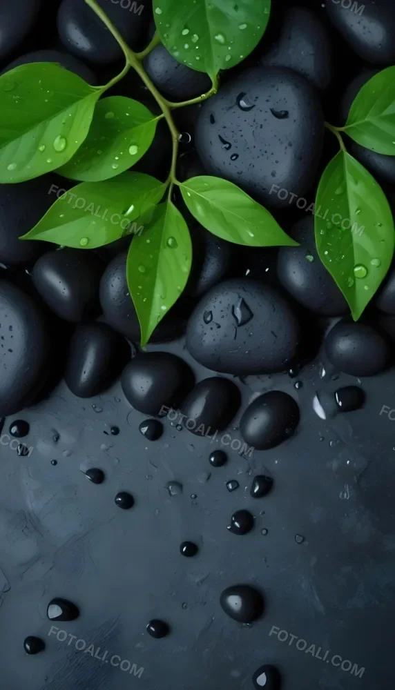 Black Stones With Water Droplets And Green Leaves Scattered On Top Creating A Natural And Fresh Appearance 4 2d27
