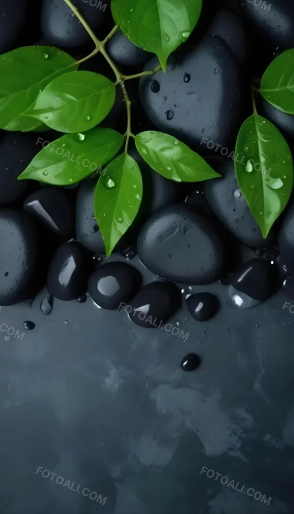 Black Stones With Water Droplets And Green Leaves Scattered On Top Creating A Natural And Fresh Appearance 6 72d2