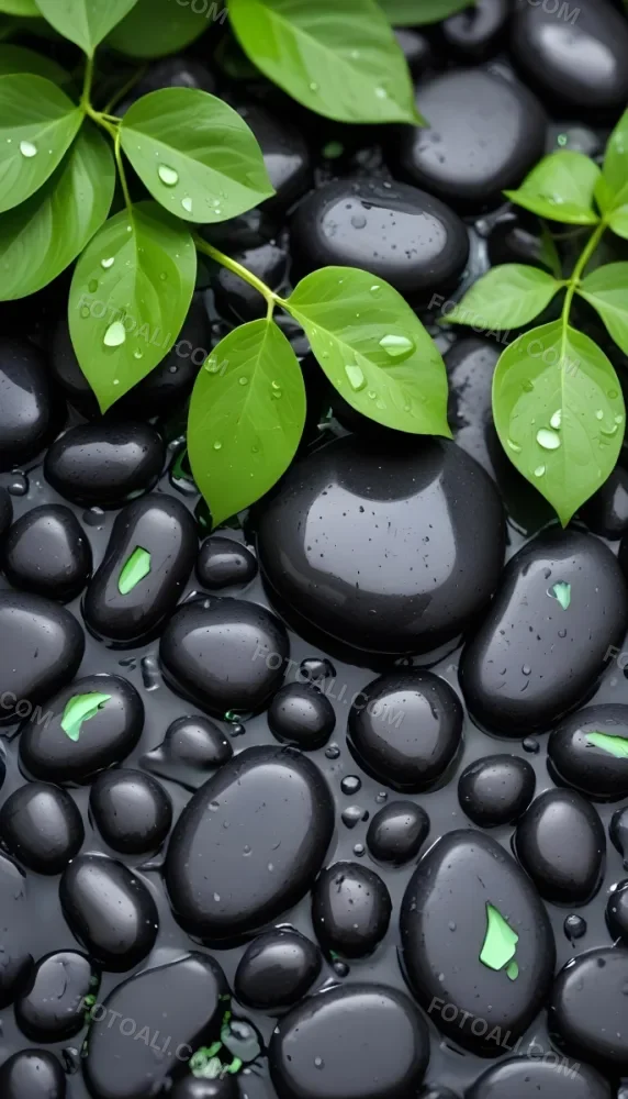 Black Stones With Water Droplets And Green Leaves Scattered On Top Creating A Natural And Fresh Appearance 7 E3c9