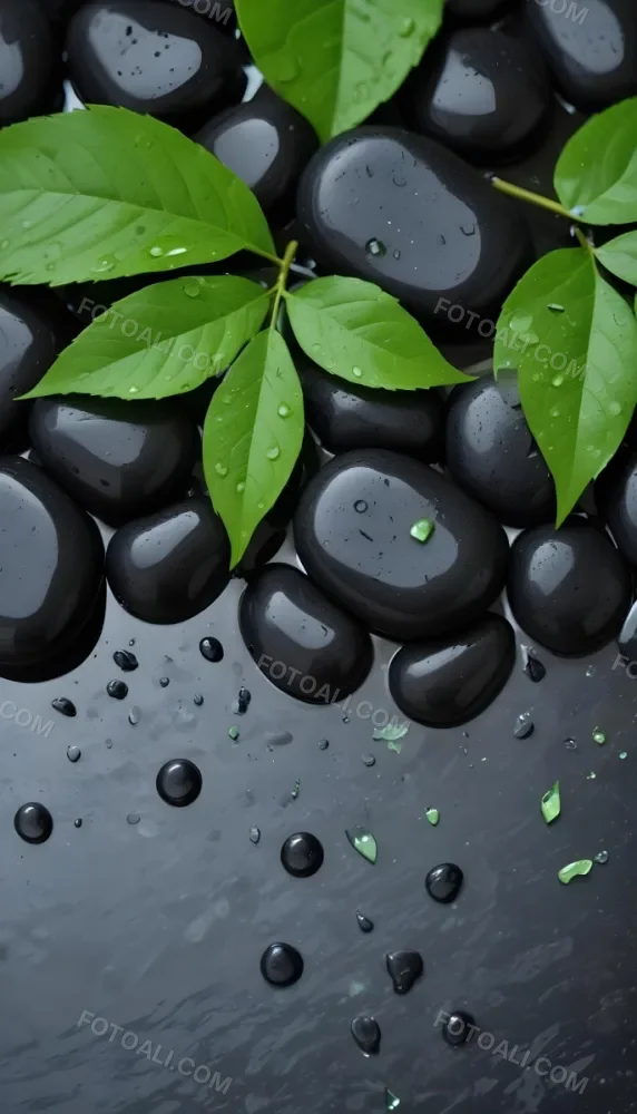 Black Stones With Water Droplets And Green Leaves Scattered On Top Creating A Natural And Fresh Appearance 8 12e2