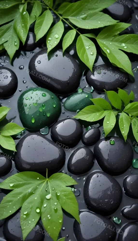 Black Stones With Water Droplets And Green Leaves Scattered On Top Creating A Natural And Fresh Appearance 9 D650
