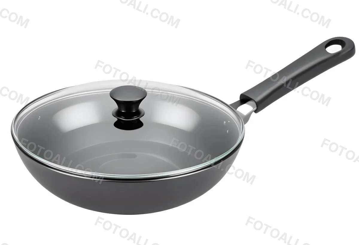 Black Wok With A Glass Lid And A Black Handle Isolated On A Gray Background 12 09f7