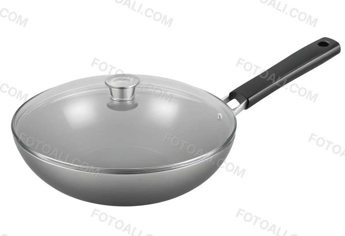 Black Wok With A Glass Lid And A Black Handle Isolated On A Gray Background 20 Cd71