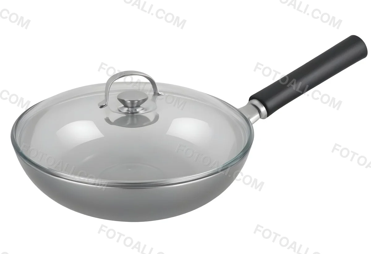 Black Wok With A Glass Lid And A Black Handle Isolated On A Gray Background 22 Ce5e