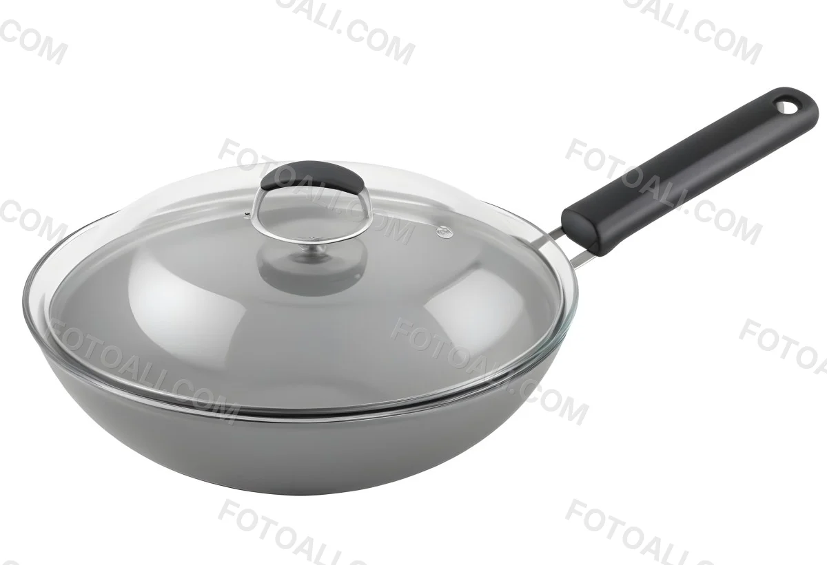 Black Wok With A Glass Lid And A Black Handle Isolated On A Gray Background 23 5787