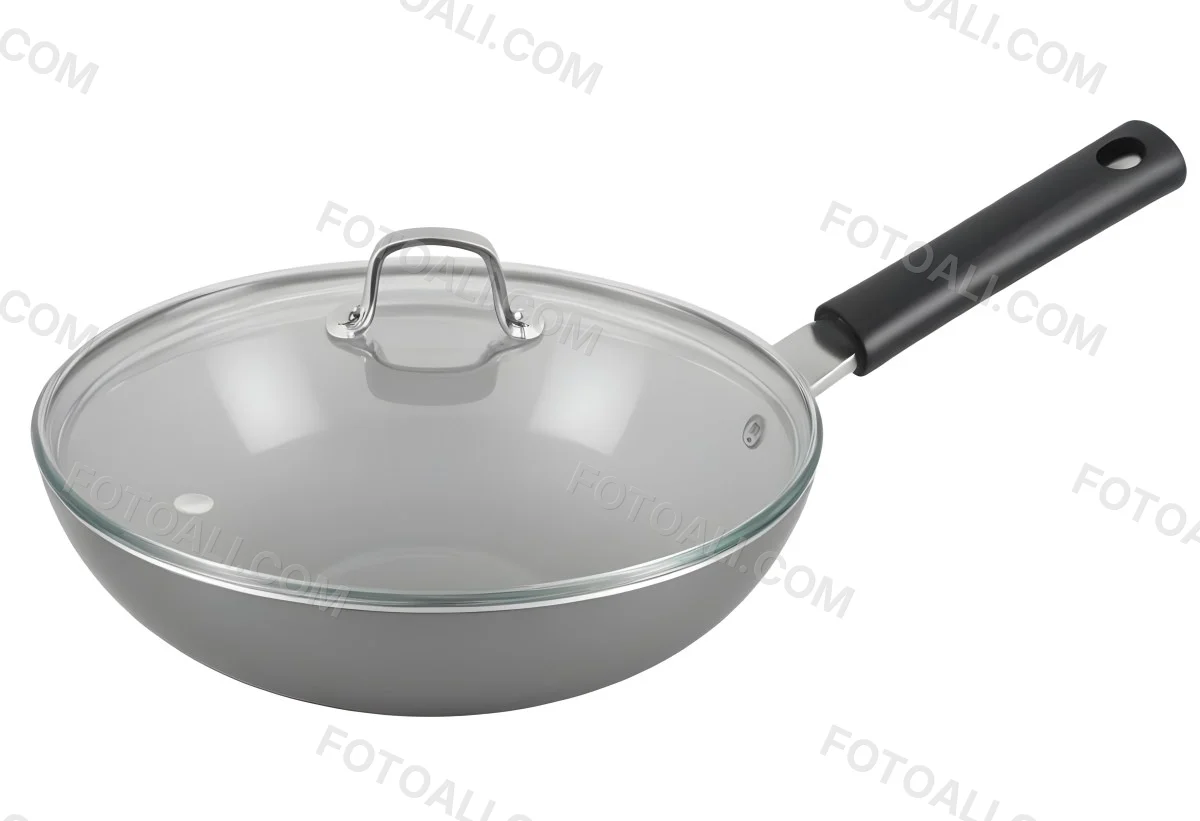 Black Wok With A Glass Lid And A Black Handle Isolated On A Gray Background 24 7dc2