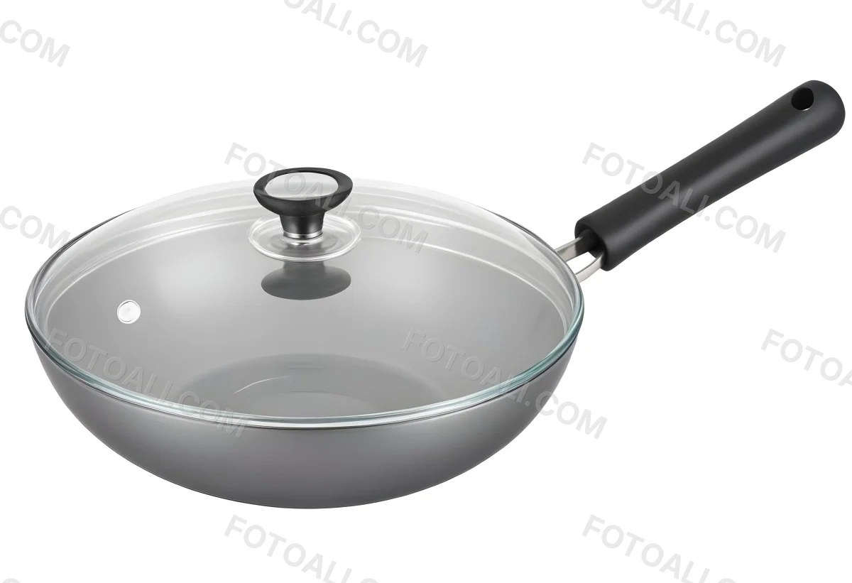 Black Wok With A Glass Lid And A Black Handle Isolated On A Gray Background 25 B065
