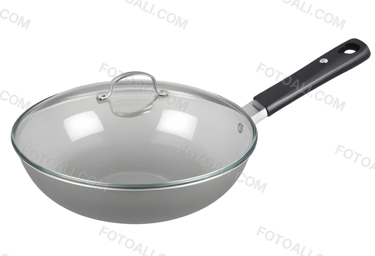 Black Wok With A Glass Lid And A Black Handle Isolated On A Gray Background 26 A47b