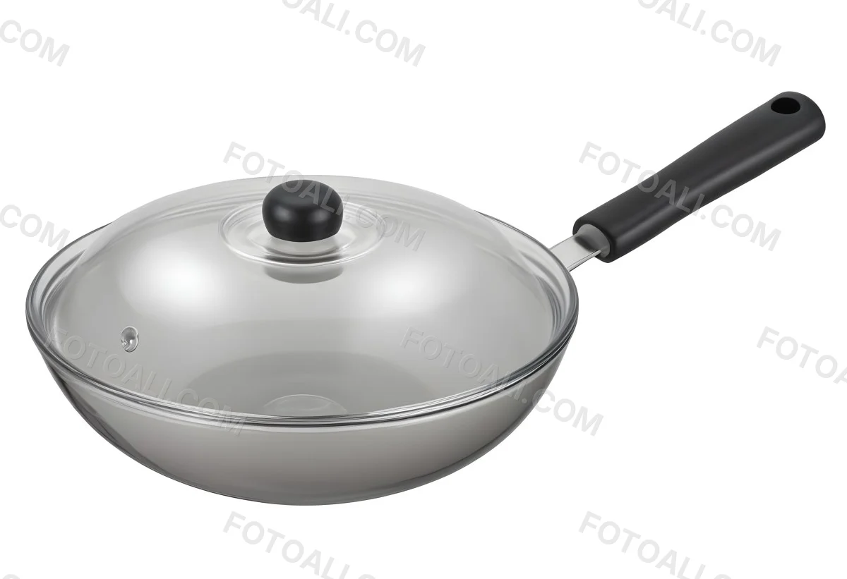 Black Wok With A Glass Lid And A Black Handle Isolated On A Gray Background 27 B5e6