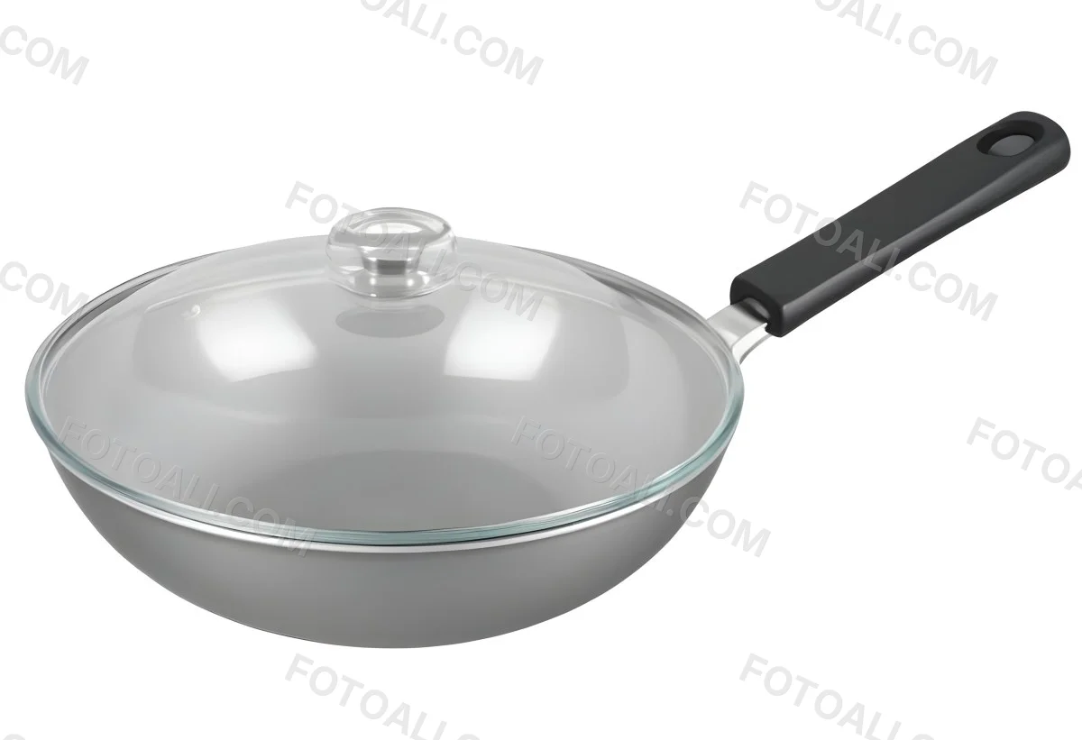 Black Wok With A Glass Lid And A Black Handle Isolated On A Gray Background 3 86ae