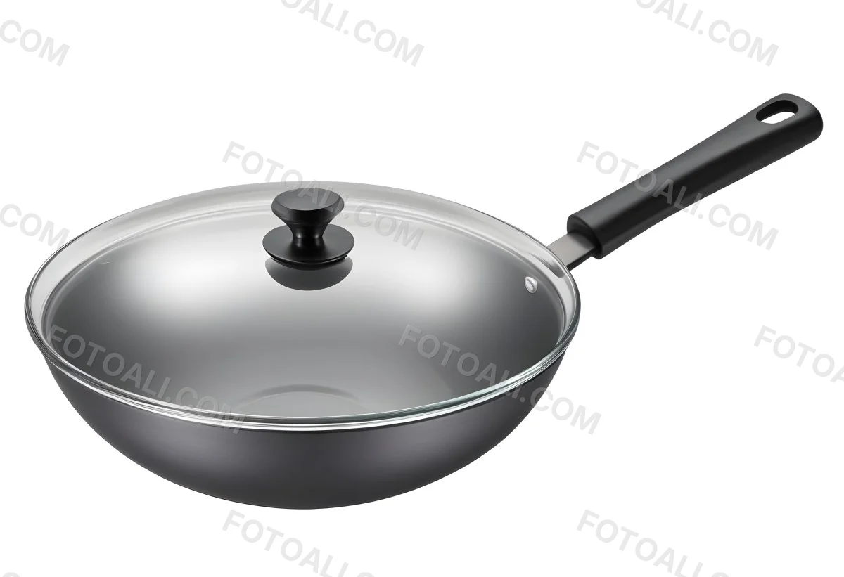 Black Wok With A Glass Lid And A Black Handle Isolated On A Gray Background 4 F88b