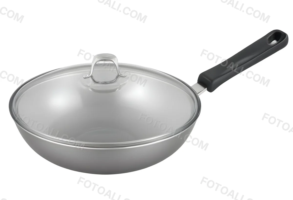 Black Wok With A Glass Lid And A Black Handle Isolated On A Gray Background 5 A43f