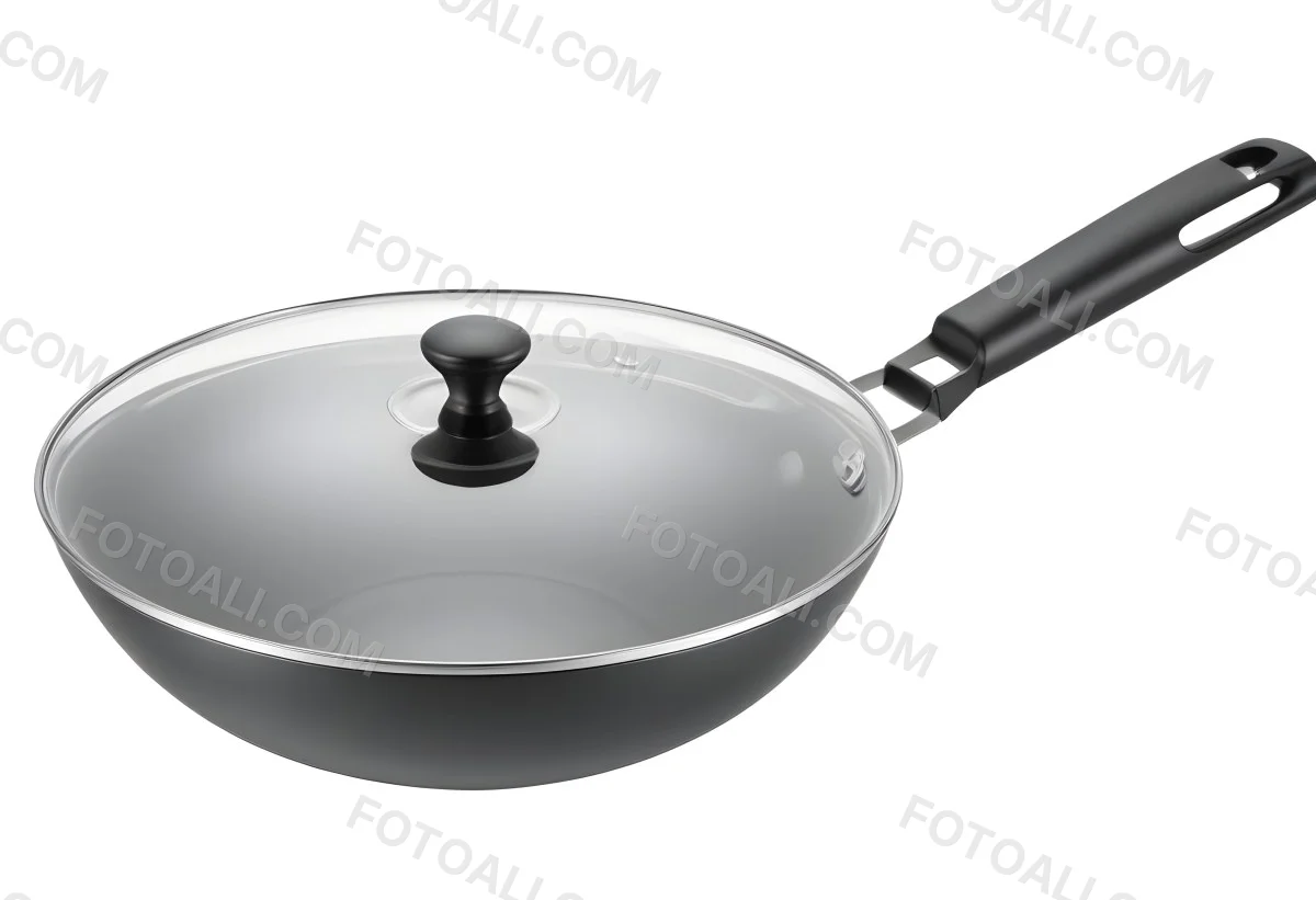 Black Wok With A Glass Lid And A Black Handle Isolated On A Gray Background 6 A56f