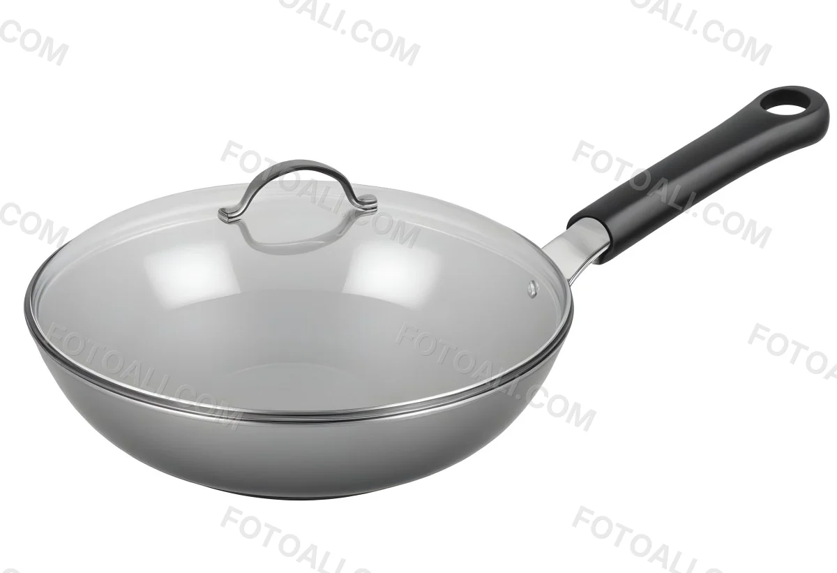 Black Wok With A Glass Lid And A Black Handle Isolated On A Gray Background 7 F53b