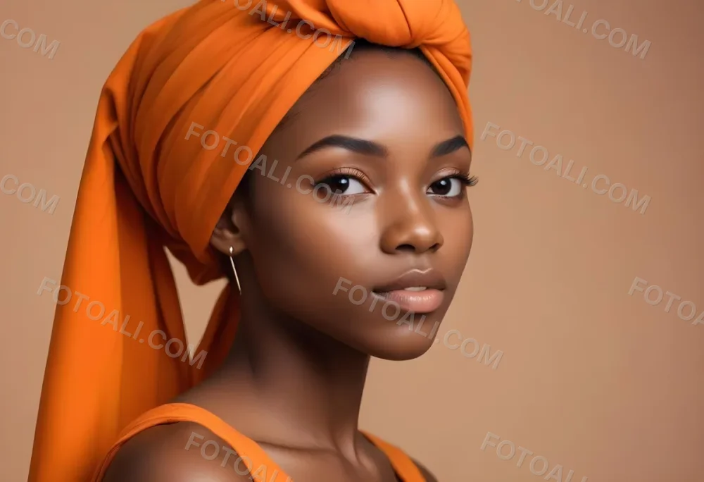 Black Woman 25 Years Old With Dark Skin And A Headwrap In Orange She Has A Smooth Complexion And Is Facing To The Side Against A Light Background 109 2c1c