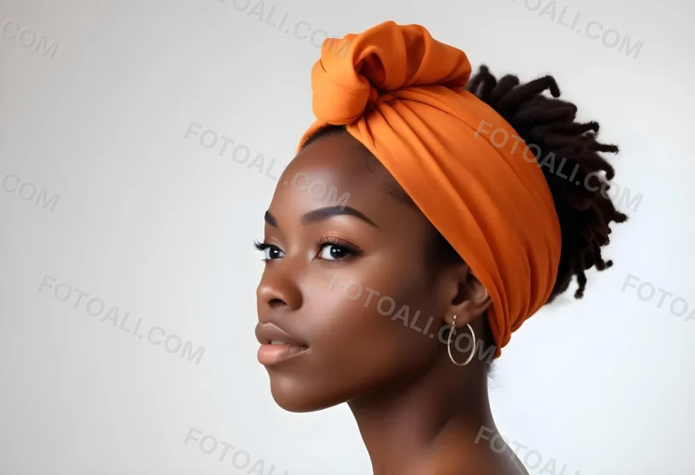 Black Woman 25 Years Old With Dark Skin And A Headwrap In Orange She Has A Smooth Complexion And Is Facing To The Side Against A Light Background 113 6ab1
