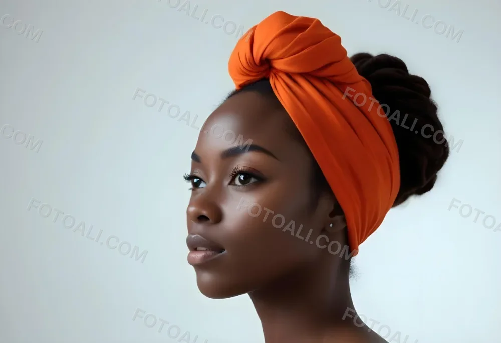 Black Woman 25 Years Old With Dark Skin And A Headwrap In Orange She Has A Smooth Complexion And Is Facing To The Side Against A Light Background 136 B7f4