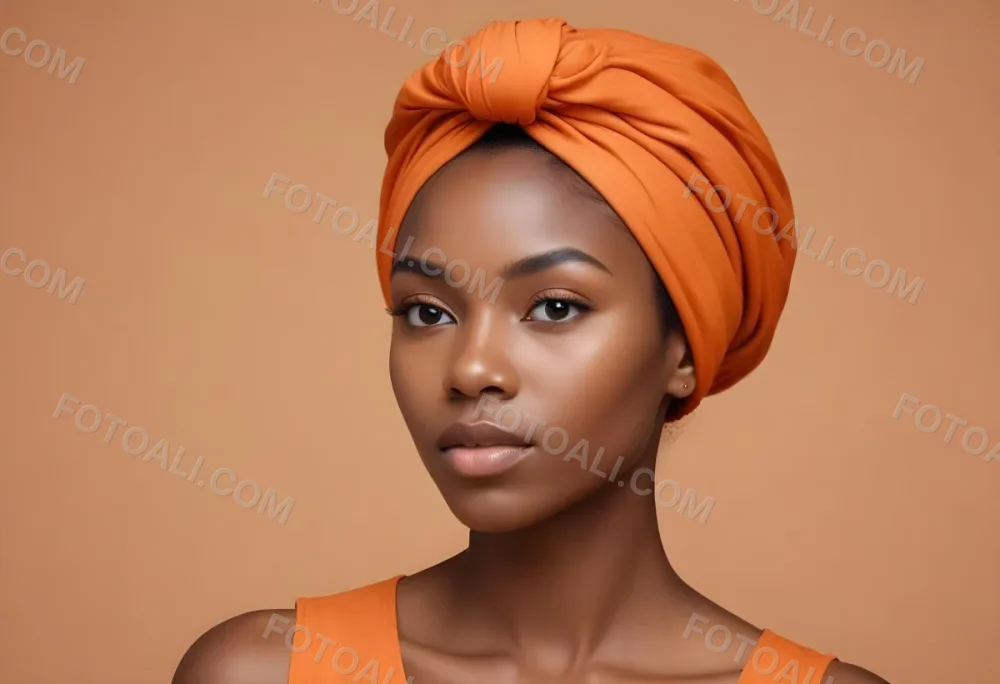 Black Woman 25 Years Old With Dark Skin And A Headwrap In Orange She Has A Smooth Complexion And Is Facing To The Side Against A Light Background 14 9d0e