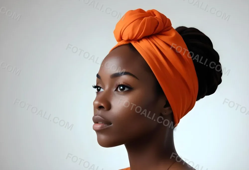 Black Woman 25 Years Old With Dark Skin And A Headwrap In Orange She Has A Smooth Complexion And Is Facing To The Side Against A Light Background 64 631c