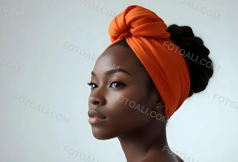 Black Woman 25 Years Old With Dark Skin And A Headwrap In Orange She Has A Smooth Complexion And Is Facing To The Side Against A Light Background 91 3f74