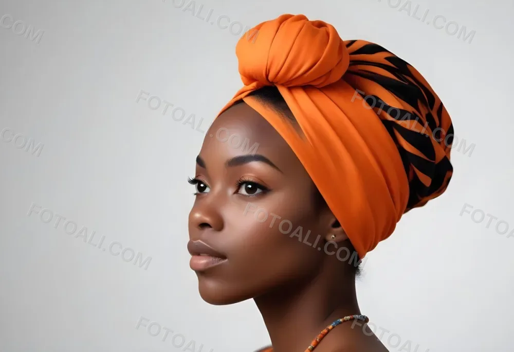 Black Woman 25 Years Old With Dark Skin And A Headwrap In Orange She Has A Smooth Complexion And Is Facing To The Side Against A Light Background 92 Cf0e